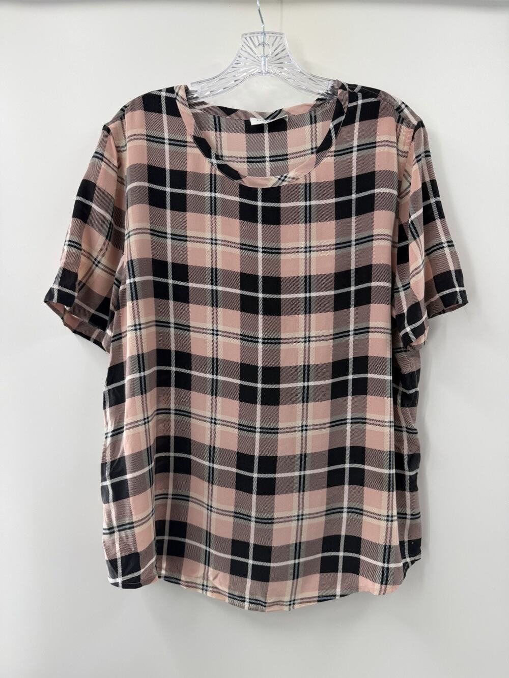 Equipment Femme Women’s Short Sleeve Tarragon Pink Plaid 100% Silk Blouse Large